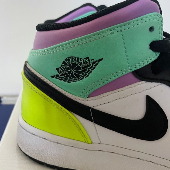 Jordan 1 black and white with purble, turqouise and neon yellow accents - Picture 3 of 11